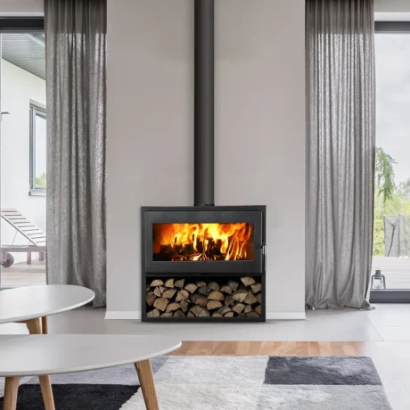 Bois de chauffage dans la poele a bois au salon