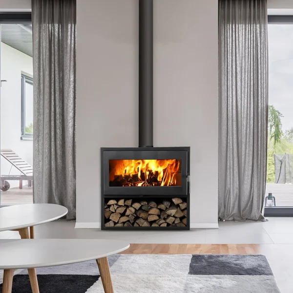 Bois de chauffage dans la poele a bois au salon