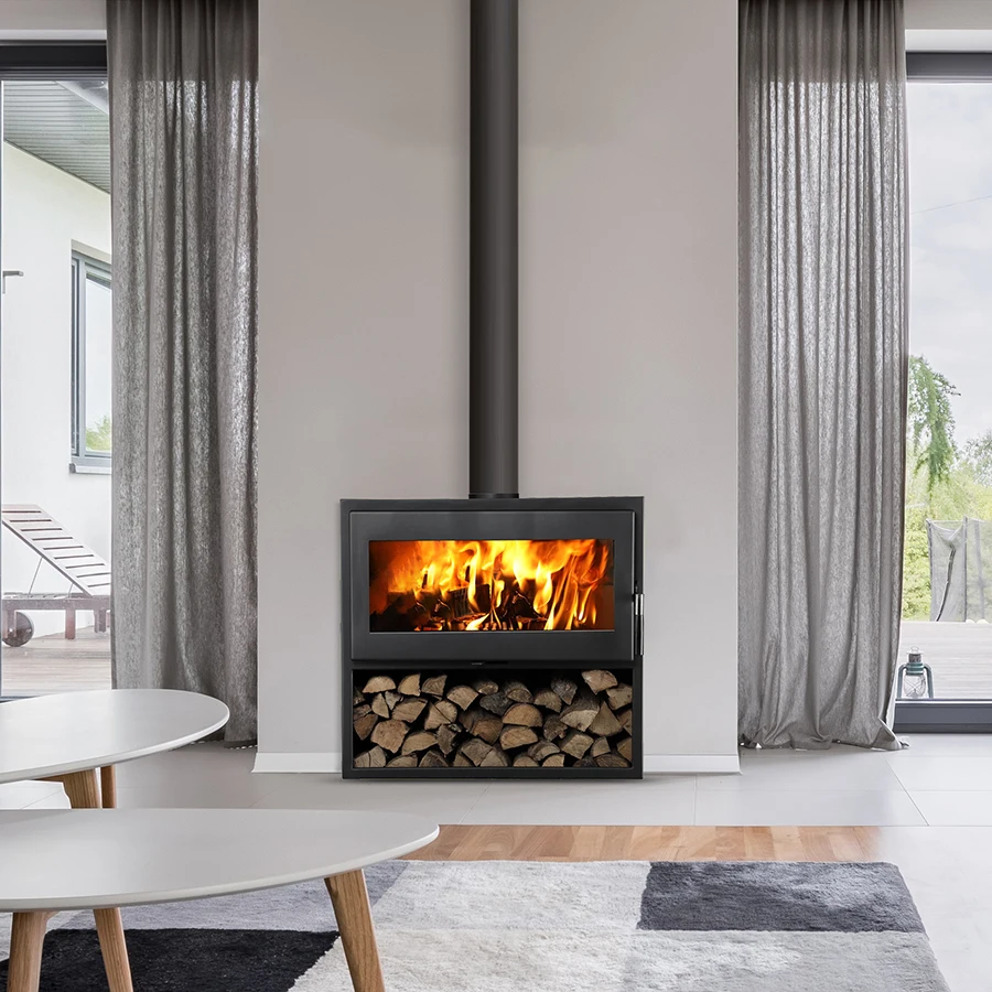 Bois de chauffage dans la poele a bois au salon